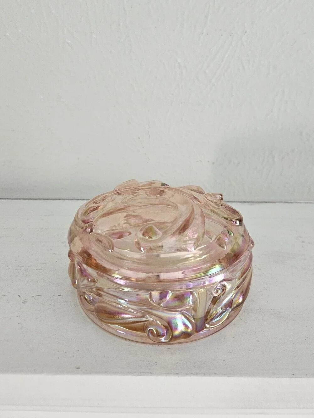 Vintage Fenton Opalescent Pink Chiffon Glass Powder/Trinket Jar With Dome Lid